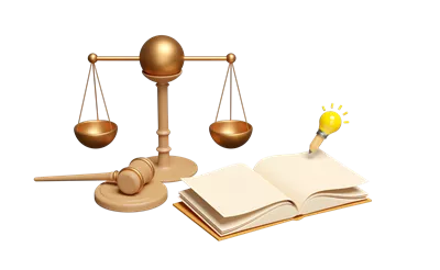عکس دوربری تصویری از چکش قاضی و نمادهای عدالت در یک طراحی سه بعدی جذاب