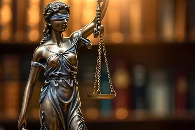 عکس مفاهیم حقوق بشر و عدالت با ترازوی وکیل در دنیای هوش مصنوعی