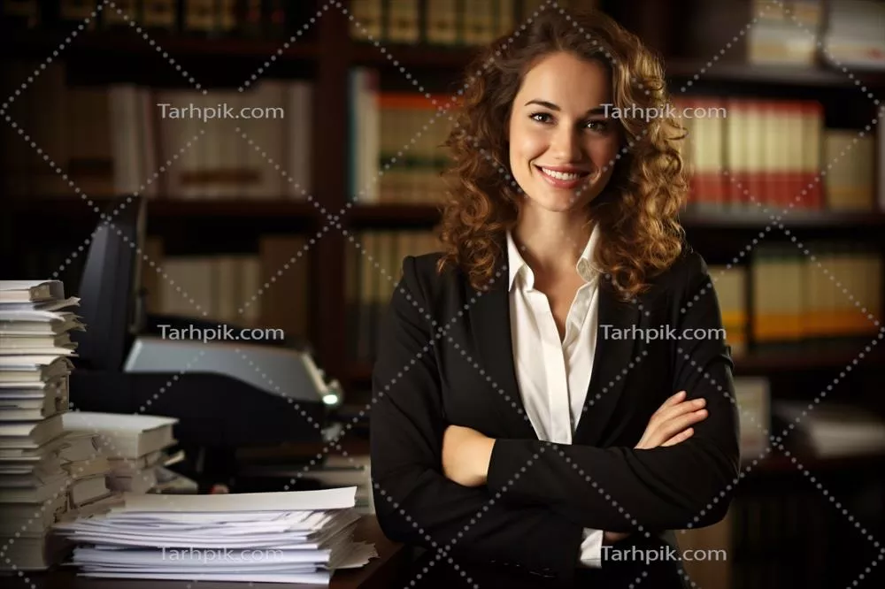 عکس دبیر حرفه ای در حال کار در دفتر با انبوهی از مدارک و اسناد
