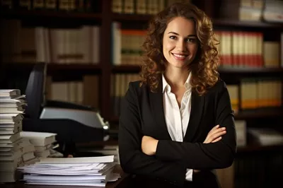 عکس دبیر حرفه ای در حال کار در دفتر با انبوهی از مدارک و اسناد