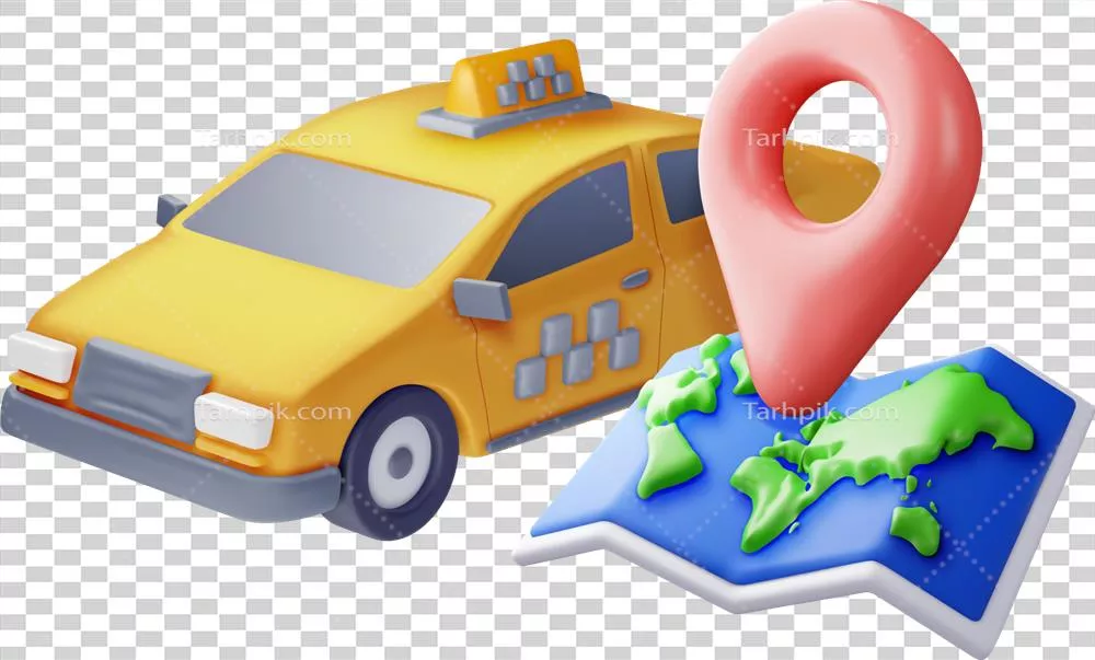 عکس دوربری مدل سه بعدی ماشین تاکسی و نقشه کاغذی برای طراحی و انیمیشن