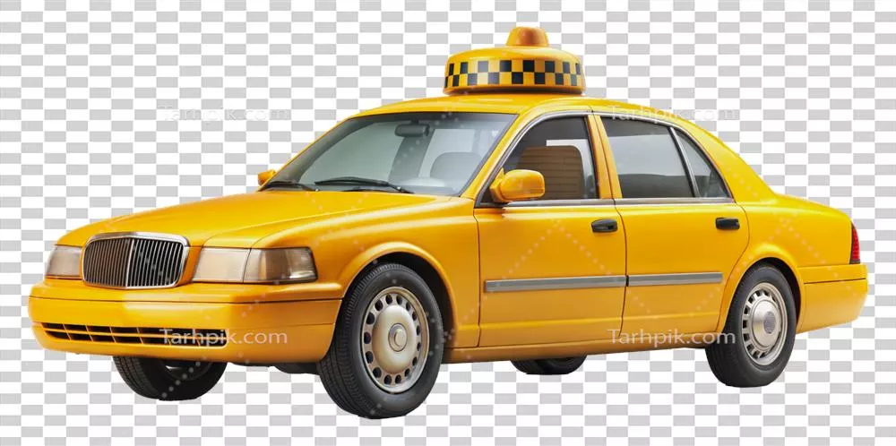 عکس دوربری تصویر با کیفیت بالا از تاکسی زرد با علامت روی سقف