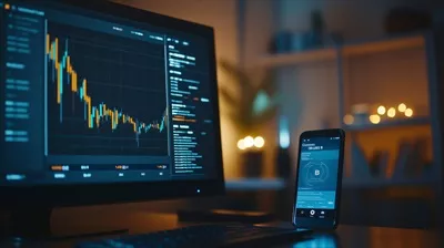 عکس تحلیل و بررسی تبادل ارز دیجیتال بیت کوین در شب با استفاده از کامپیوتر و اپلیکیشن موبایل
