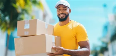 عکس مرد تحویل دهنده خوشحال در لباس زرد، آماده خدمت رسانی سریع و مطمئن