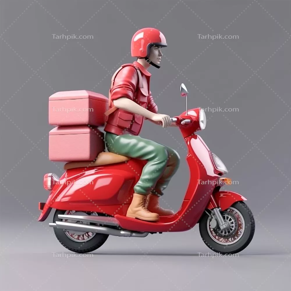 عکس تصویری خلاقانه از پیک موتوری در حال تحویل بسته ها با اسکوتر