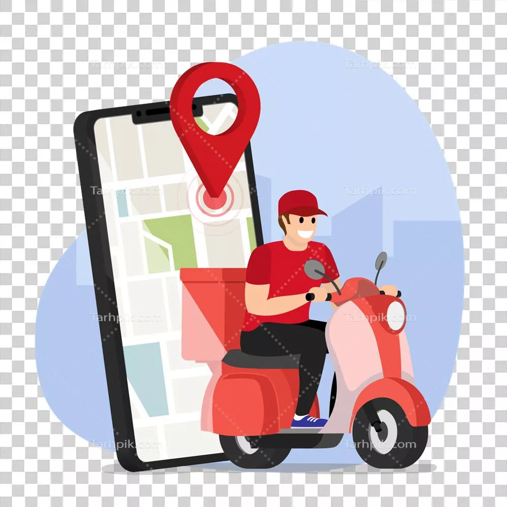 عکس دوربری شخصیت کارتونی پیک با اسکوتر و چرخ دستی برای خدمات غذایی