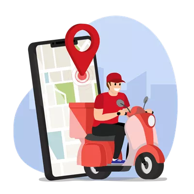 عکس دوربری شخصیت کارتونی پیک با اسکوتر و چرخ دستی برای خدمات غذایی