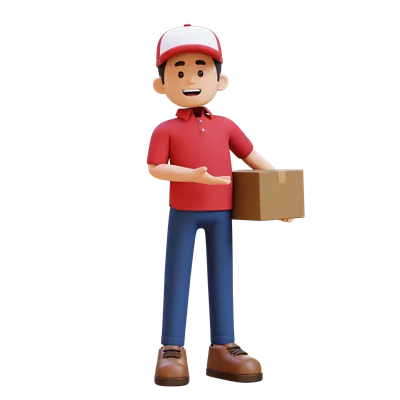 عکس دوربری شخصیت سه بعدی مرد تحویل دهنده در حال ارائه بسته به سمت چپ