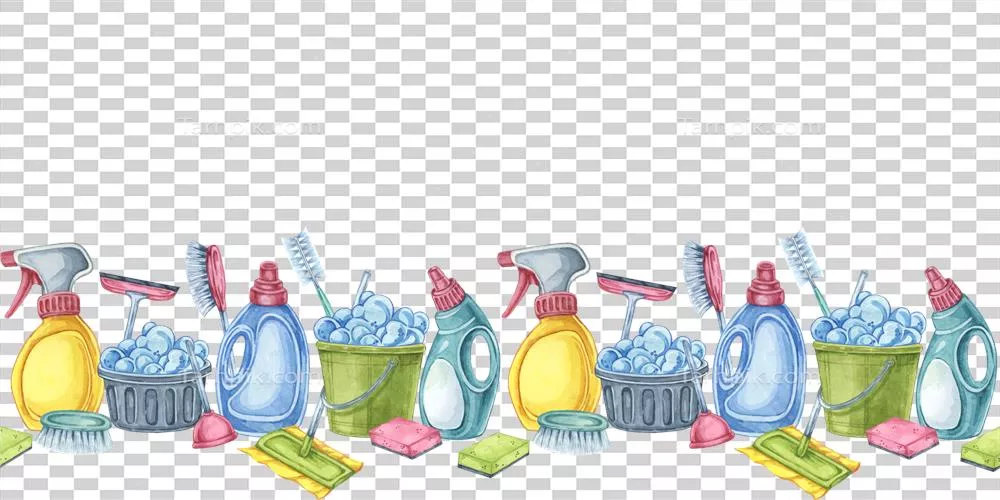 عکس دوربری ابزارهای نظافتی: بنر آبرنگی با حاشیه ای یکپارچه برای خدمات نظافت
