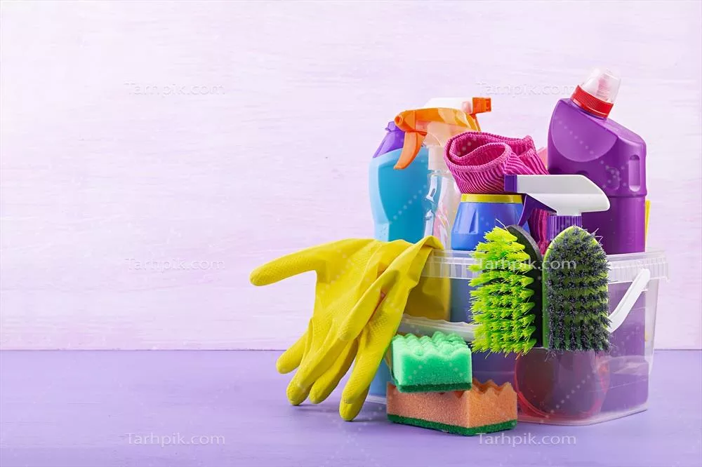 عکس خدمات نظافتی: مجموعه ای رنگارنگ از ابزارهای تمیزکاری برای سطوح مختلف در آشپزخانه، حمام و سایر اتاق ها