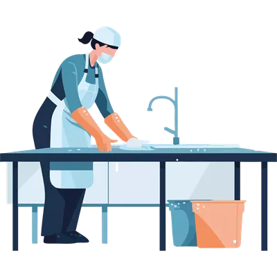 عکس دوربری زنی در پیشبند در حال شستن ظروف در آشپزخانه