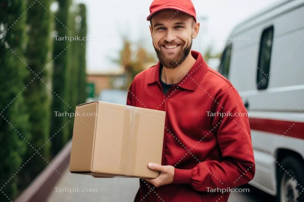 عکس تصویری از یک پیک تحویل در حال حمل جعبه ای قرمز رنگ