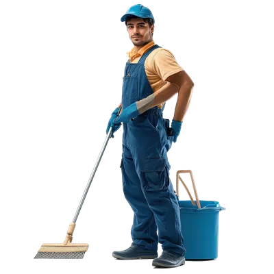 عکس دوربری نظافتچی در حال تمیز کردن با جارو بر روی پس زمینه شفاف