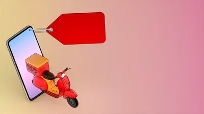 عکس تصویری خلاقانه از اسکوتر در حال پرتاب از گوشی موبایل برای خدمات سریع تحویل و خرید آنلاین