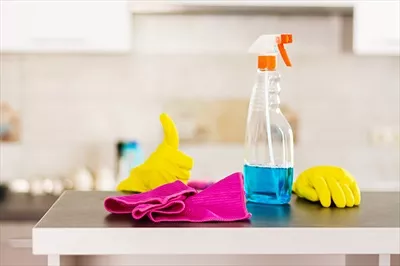 عکس زنی در دستکش های محافظ در حال تمیز کردن با اسپری و دستمال