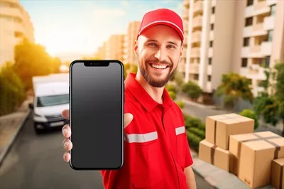 عکس مرد تحویل دهنده در حال نمایش گوشی هوشمند مشکی در پس زمینه شهری