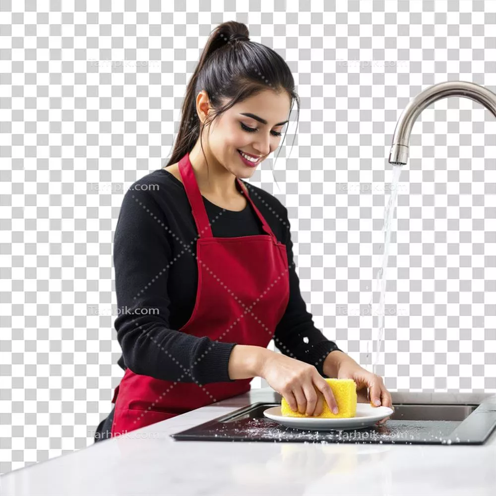 عکس دوربری زنی در پیشبند در حال شستن ظروف در آشپزخانه با دقت و عشق