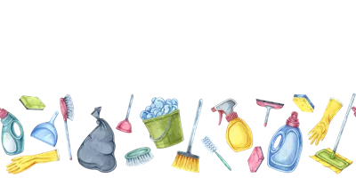 عکس دوربری ابزارهای نظافتی: بنر آبرنگی با حاشیه ای یکپارچه برای خدمات نظافت