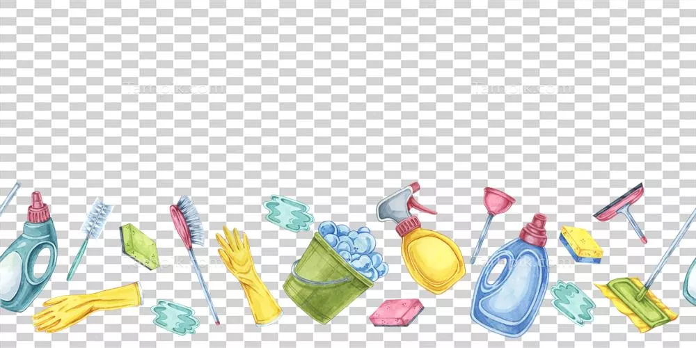 عکس دوربری ابزارهای نظافتی: بنر آبرنگی با حاشیه ای یکپارچه برای خدمات نظافت