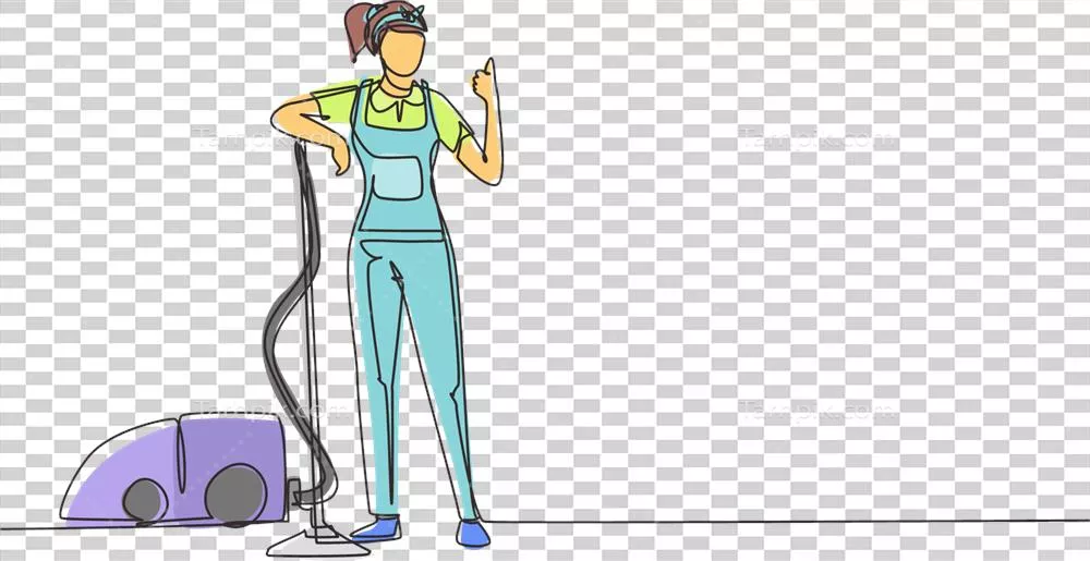 عکس دوربری طراحی خطی یک زن کارگر خدمات نظافتی با جاروبرقی در حال تمیزکاری