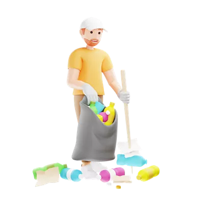 عکس دوربری تصویری از شخصیت سه بعدی مردی که برای حفاظت از محیط زیست زباله جمع می کند