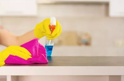 عکس زنی در دستکش های محافظ در حال تمیز کردن با اسپری و دستمال
