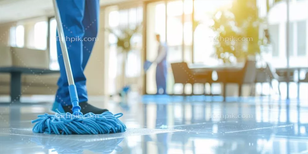 عکس نظافتچی حرفه ای با تی برای تمیز کردن کف منزل یا محل کار