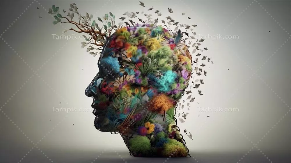 عکس تصویری مفهومی از سر انسان با مغز رنگارنگ و برگ های پاییزی برای نمایش سلامت روان