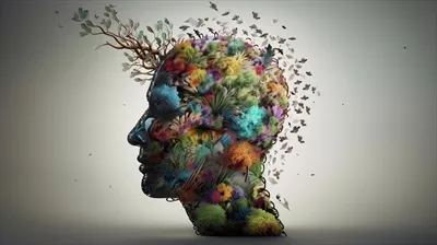 عکس تصویری مفهومی از سر انسان با مغز رنگارنگ و برگ های پاییزی برای نمایش سلامت روان