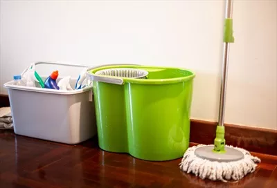 عکس سطل حاوی اسفنج ها، مواد شیمیایی و تجهیزات نظافتی خانگی