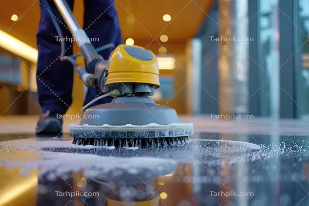 عکس تصویری از تمیز کردن کف با دستگاه پولیش در محیط داخلی