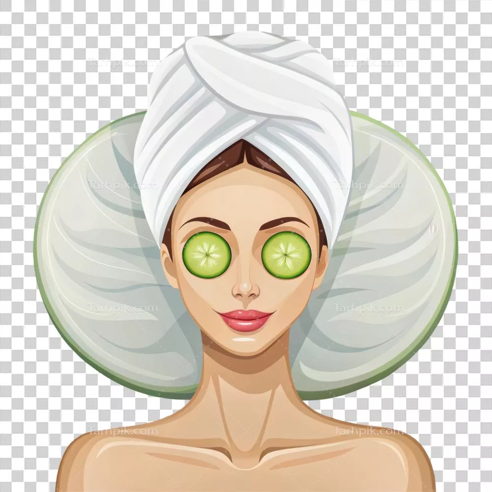عکس دوربری زنی در حوله با خیار بر روی چشم ها در یک کارتون جذاب و خنده دار