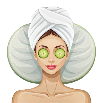 عکس دوربری زنی در حوله با خیار بر روی چشم ها در یک کارتون جذاب و خنده دار