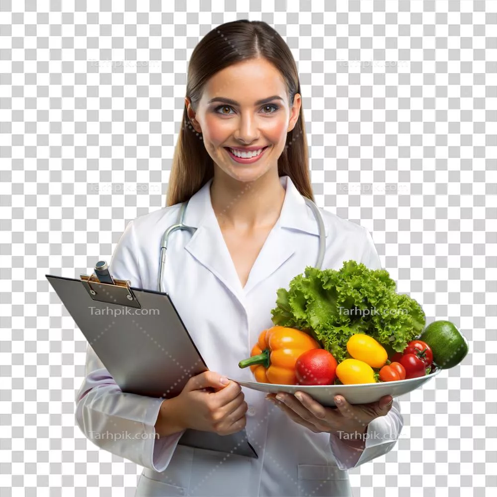 عکس دوربری تغذیه شناس خوشحال با سبزیجات تازه و دفترچه یادداشت در پس زمینه شفاف
