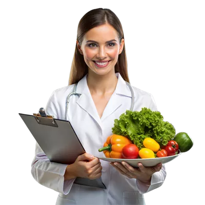 عکس دوربری تغذیه شناس خوشحال با سبزیجات تازه و دفترچه یادداشت در پس زمینه شفاف