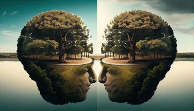 عکس تصویری مفهومی از درخت سبز به شکل مغز انسان با الهام از هوش مصنوعی