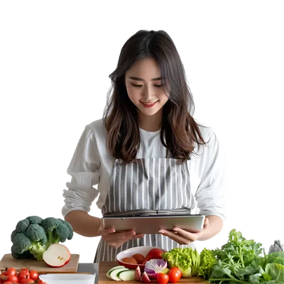 عکس دوربری زنی جوان و جذاب از آسیای شرقی که در حین پخت و پز به تماشای تبلت مشغول است