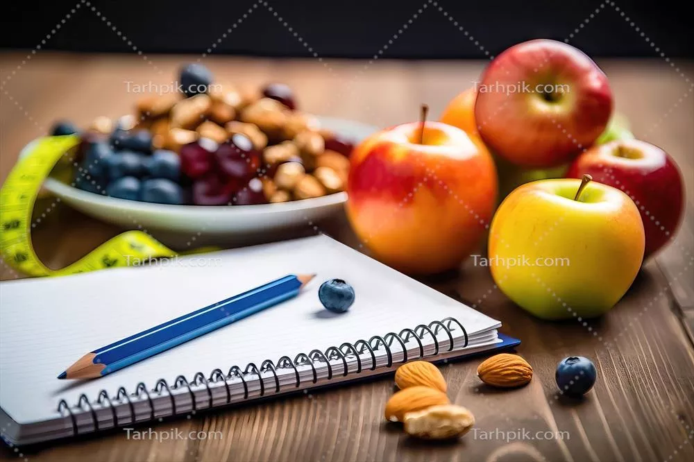 عکس ترکیب تازه میوه ها، آجیل ها و توت ها در کنار دفترچه و قلم