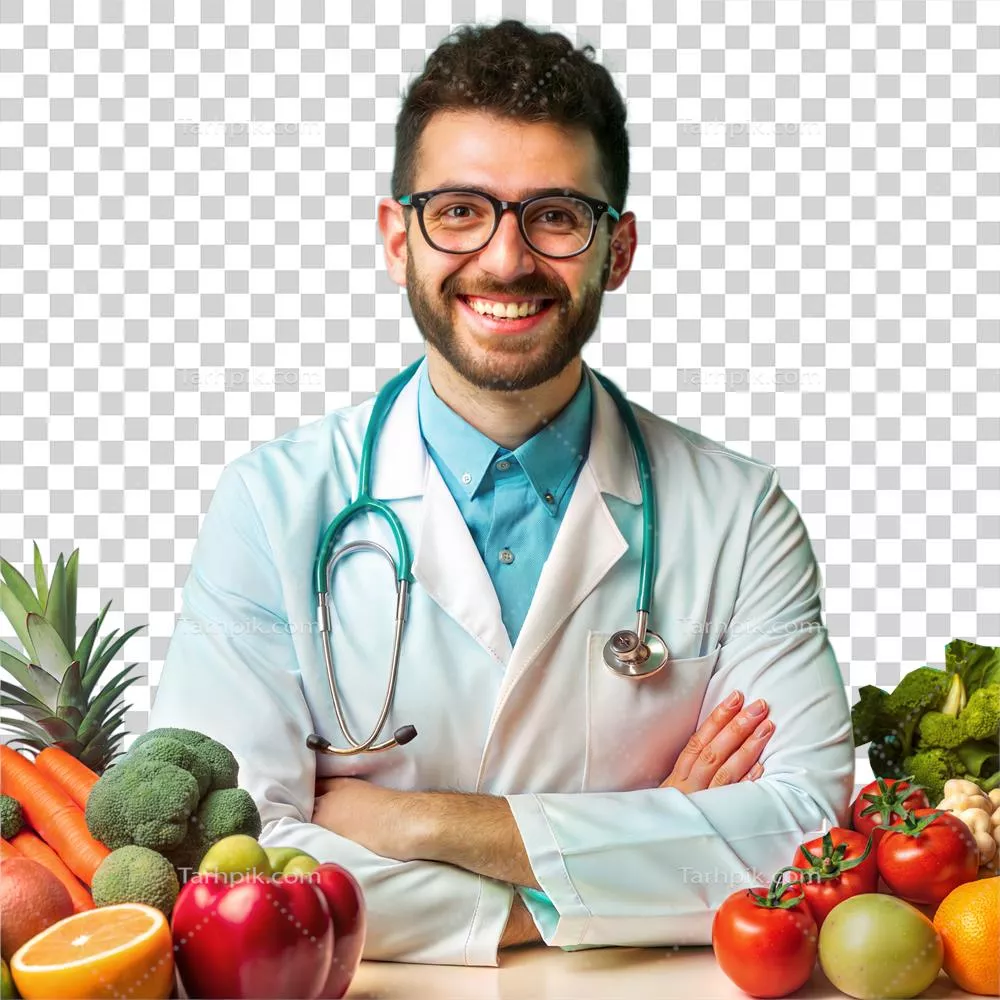 عکس دوربری پزشک خوشحال با سبزیجات تازه، ترویج دهنده تغذیه سالم و سبک زندگی