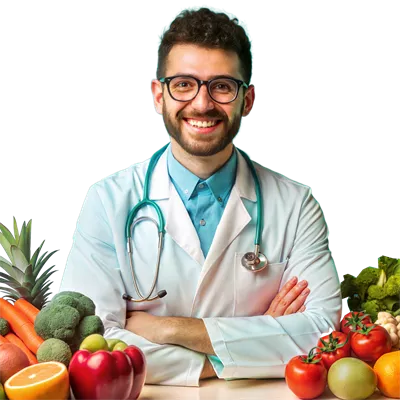 عکس دوربری پزشک خوشحال با سبزیجات تازه، ترویج دهنده تغذیه سالم و سبک زندگی