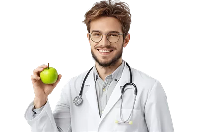عکس دوربری تغذیه شناس خوشحال در حال ارائه مشاوره با سیب سبز در دست