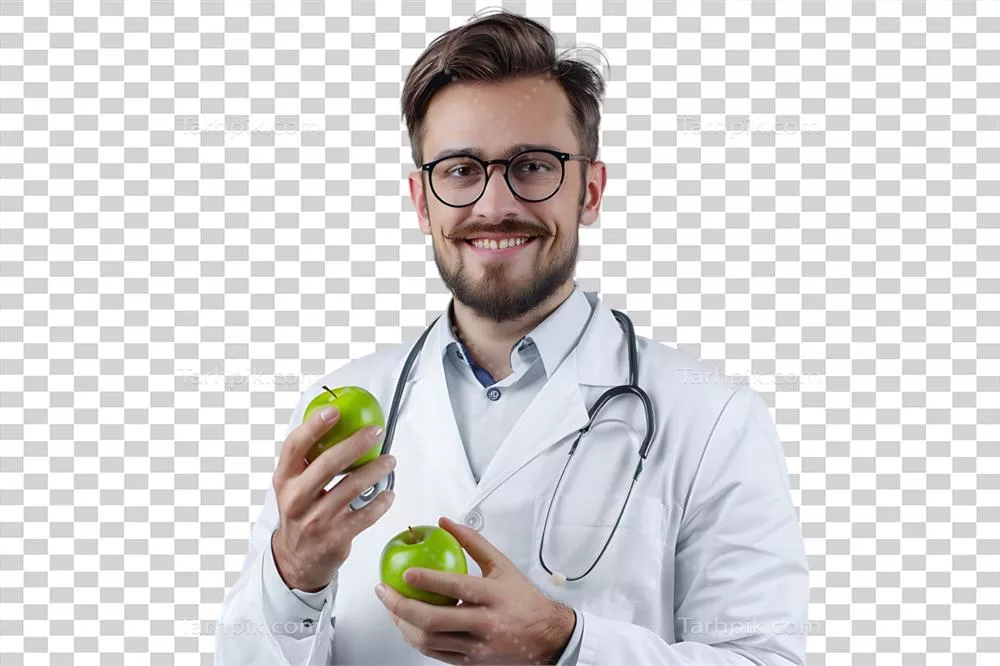 عکس دوربری متخصص تغذیه خوشحال در حال نگه داشتن سیب سبز با لباس سفید