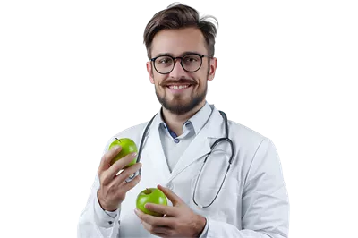 عکس دوربری متخصص تغذیه خوشحال در حال نگه داشتن سیب سبز با لباس سفید