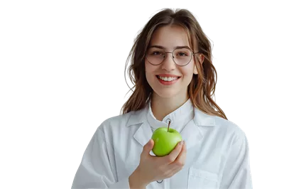 عکس دوربری تغذیه شناس خوشحال در حال ارائه مشاوره با سیب سبز در دست