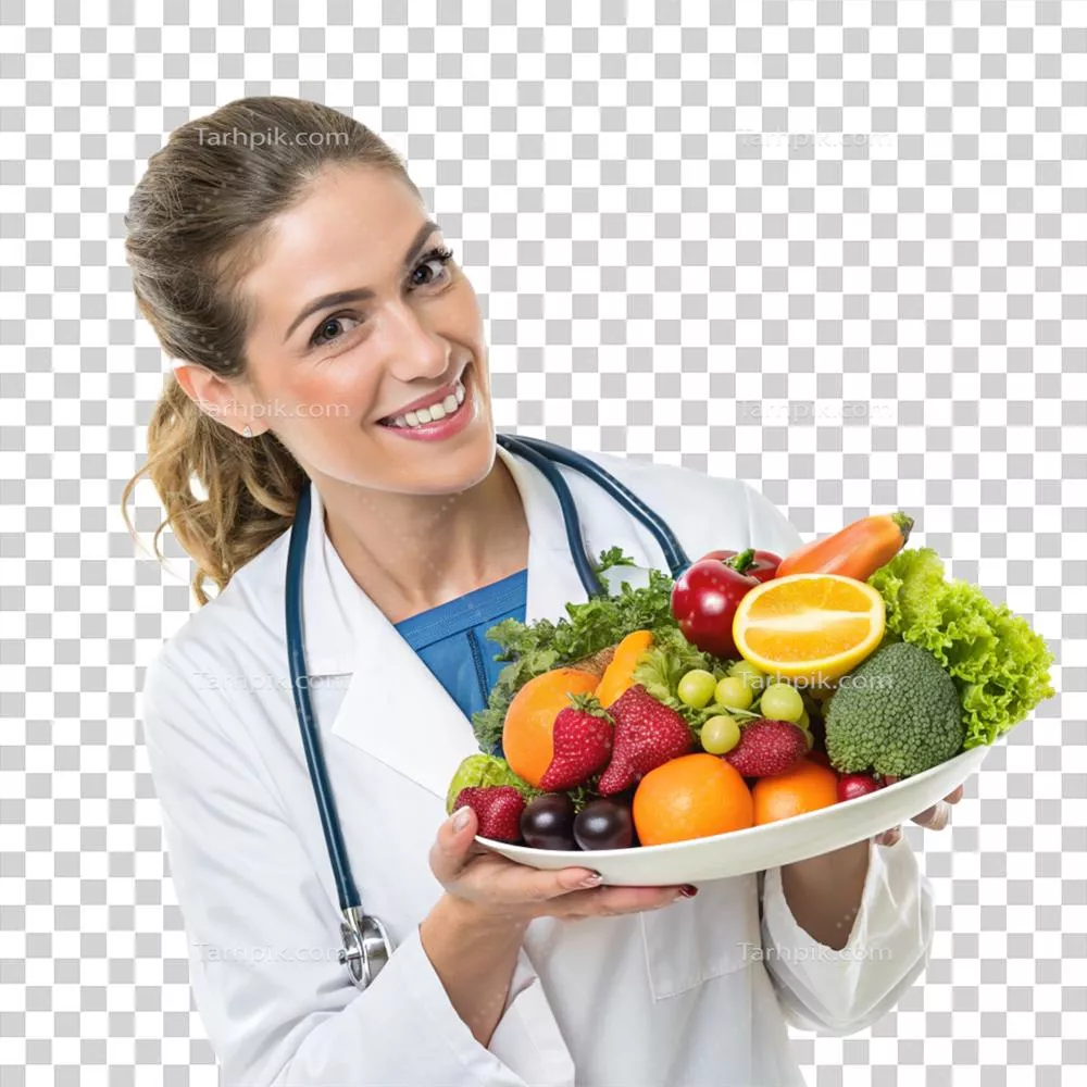 عکس دوربری متخصص تغذیه در حال ارائه میوه ها و سبزیجات تازه در یک کلینیک بهداشتی