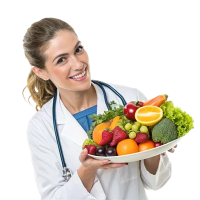 عکس دوربری متخصص تغذیه در حال ارائه میوه ها و سبزیجات تازه در یک کلینیک بهداشتی