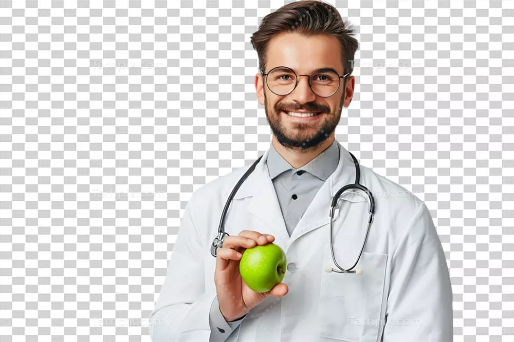 عکس دوربری متخصص تغذیه خوشحال در حال نگه داشتن سیب سبز با لباس سفید