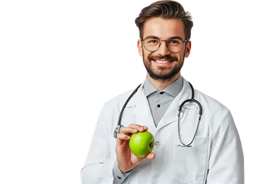عکس دوربری متخصص تغذیه خوشحال در حال نگه داشتن سیب سبز با لباس سفید