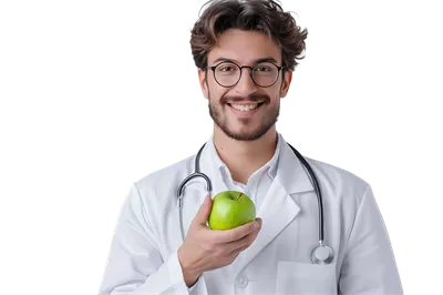 عکس دوربری تغذیه شناس خوشحال در حال ارائه مشاوره با سیب سبز در دست