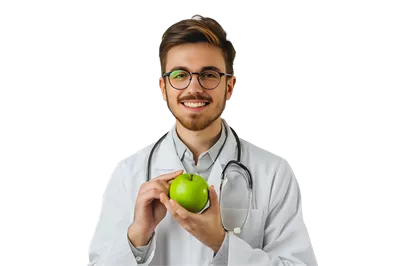 عکس دوربری متخصص تغذیه خوشحال در حال نگه داشتن سیب سبز با لباس سفید